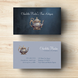 Carte De Visite Boutique d'antiquités, théière vintage, or ancien 