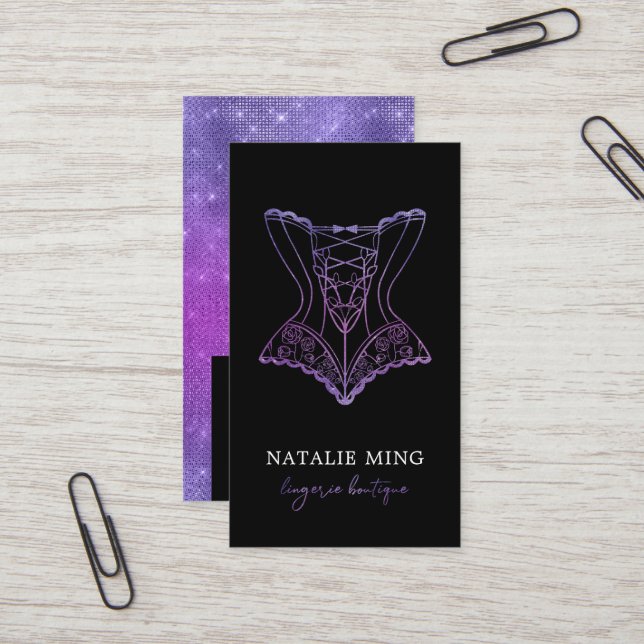 Carte De Visite Boutique de dentelle d'affaires Logo violet (Devant/Arrière en situation)