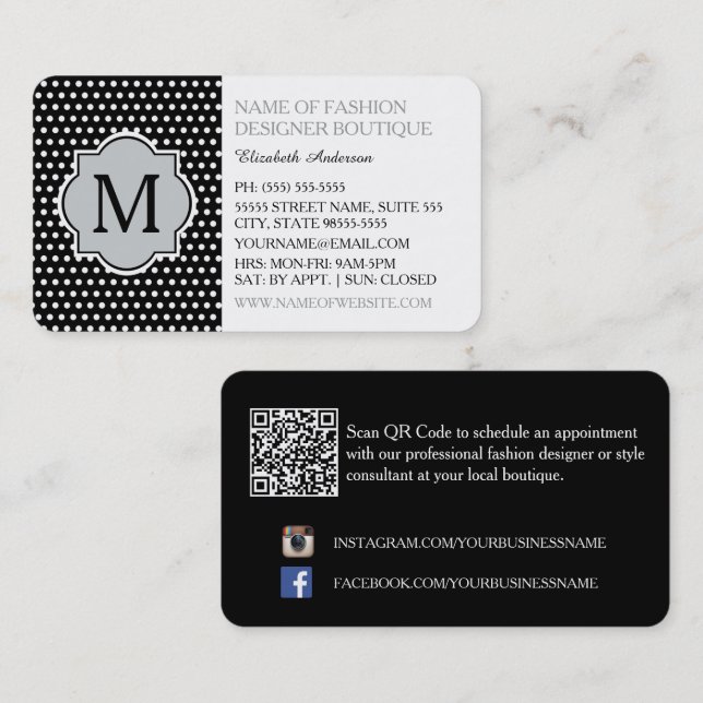Carte De Visite Boutique de mode à pois noirs (Devant / Derrière)