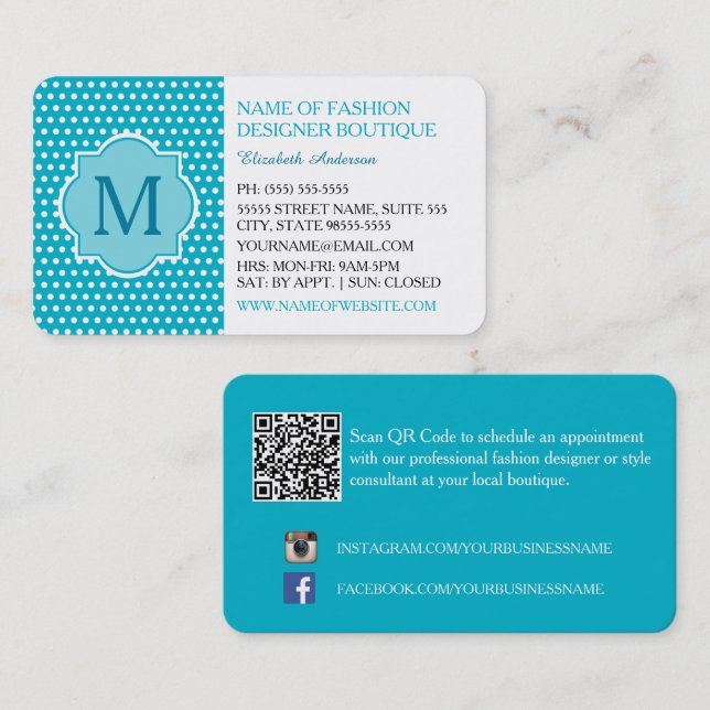 Carte De Visite Boutique de mode turquoise à pois (Devant / Derrière)