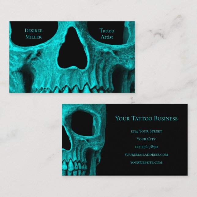 Carte De Visite Boutique de tatouage noir Turquoise gothique (Devant / Derrière)