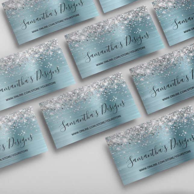 Carte De Visite Boutique en ligne Parties scintillant argent bleu  (Silver Glitter Light Blue Foil Online Store Business Card)