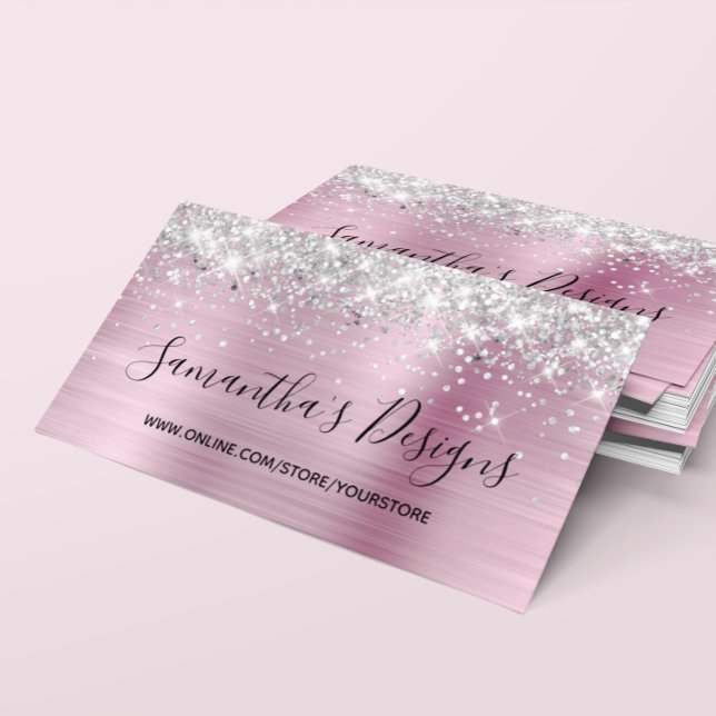 Carte De Visite Boutique en ligne Parties scintillant argentée Pin (Silver Glitter Light Pink Metallic Foil Online Store Business Card)