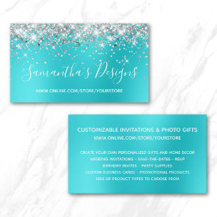 Carte De Visite Boutique en ligne Silver Glitter Aqua Blue Blur