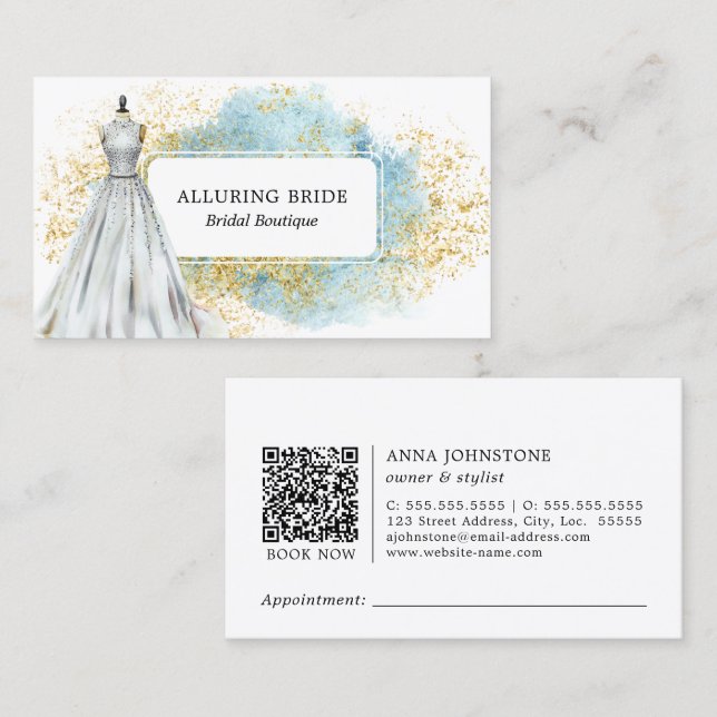Carte De Visite Boutique nuptiale Blue Gold QR Code | Nomination (Devant / Derrière)