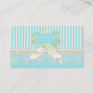 Carte De Visite Boutique Perles et dentelle Aqua Stripes Crème Bow