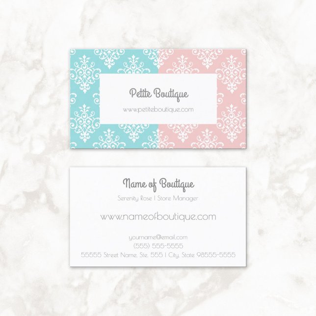 Carte De Visite Boutique Sweet Pastel Rose et Bleu Damas (Sweet Pastel Pink and Blue Damask Boutique Business Cards)