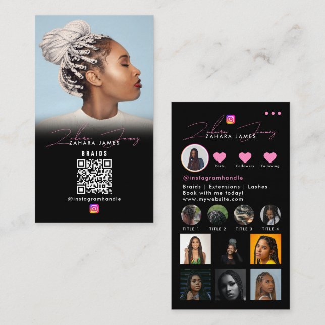 Carte De Visite Braid Hair Social Photo Grid Social Media QR Code (Devant / Derrière)
