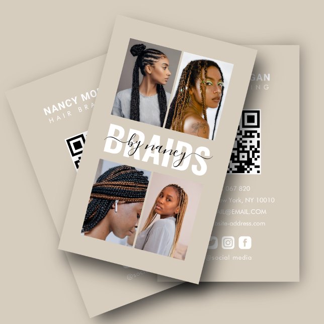 Carte De Visite Braids Calligraphy Script Photo Collage Beige  (Créateur téléchargé)