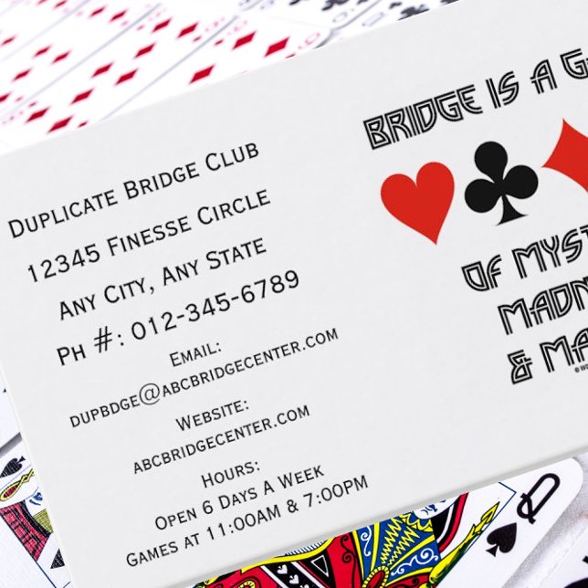 Carte De Visite Bridge Est Un Jeu De Mystère Folie Et De Mayhem (Memorable duplicate bridge club business card for any fan of the mysterious and mad game of bridge!)