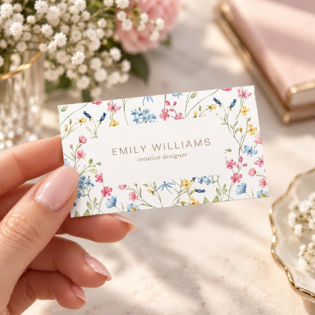 Carte de visite Bright Flowers (Bright Wildflower Watercolor Business Card, colorful floral border, creative designer template)