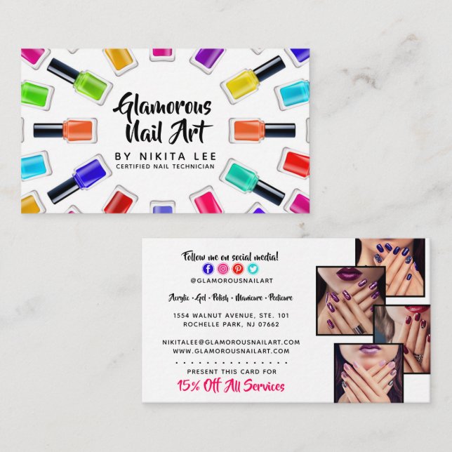 Carte De Visite Bright Nail Polish Art Tech Salon 4-Photo (Devant / Derrière)