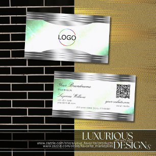Carte De Visite Bright Shimmery Mint Silver Borders Logo QR Code