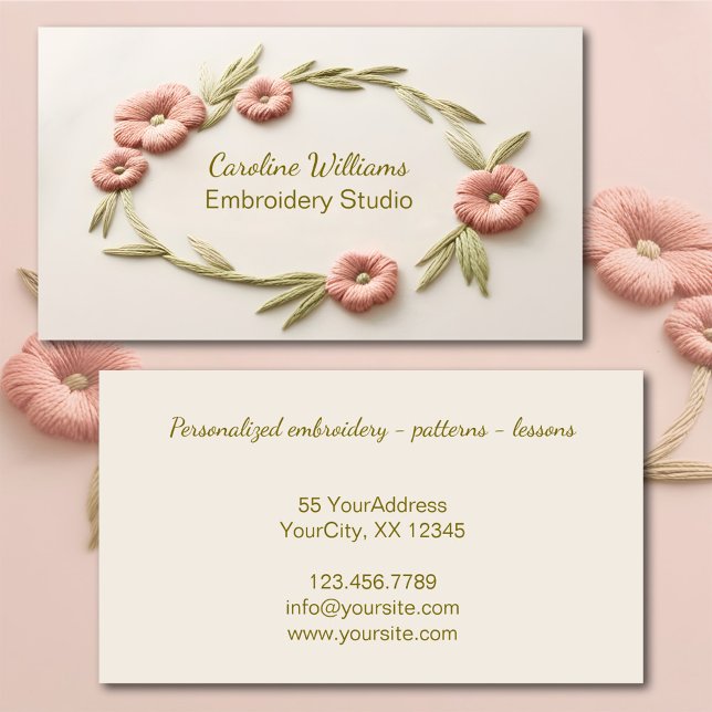 Carte De Visite Broderie florale verte rose (Business card embroidered wreath)
