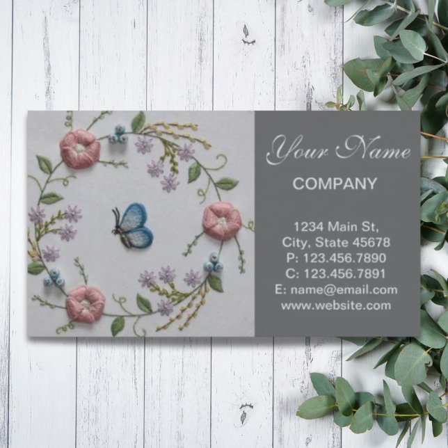 Carte De Visite Broderie rose menthe bleu floral papillon (mint green pink Embroidery Floral blue Butterfly Business Card)