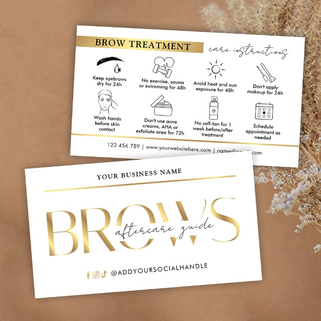 Carte De Visite Brosses Instructions de post-soins Glam White & Go (elegant white and gold effects brows aftercare instructions cards)