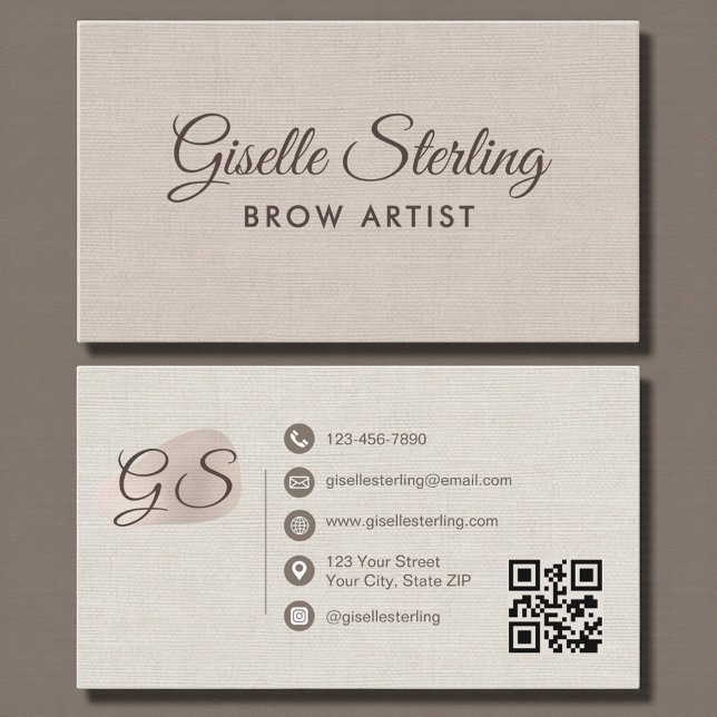 Carte De Visite Brow Artist Blush Beige Linen Elegant QR Code (Créateur téléchargé)