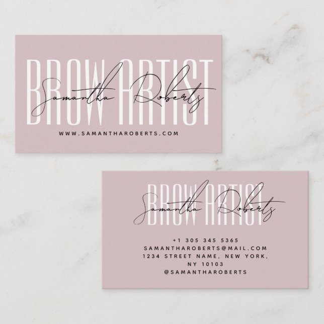 Carte De Visite Brow artist modern typography script neutral pink (Devant / Derrière)
