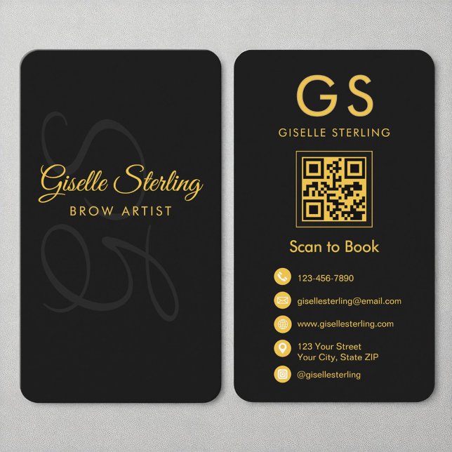 Carte De Visite Brow Artist Monogramme Black Gold QR Code Beauté (Créateur téléchargé)