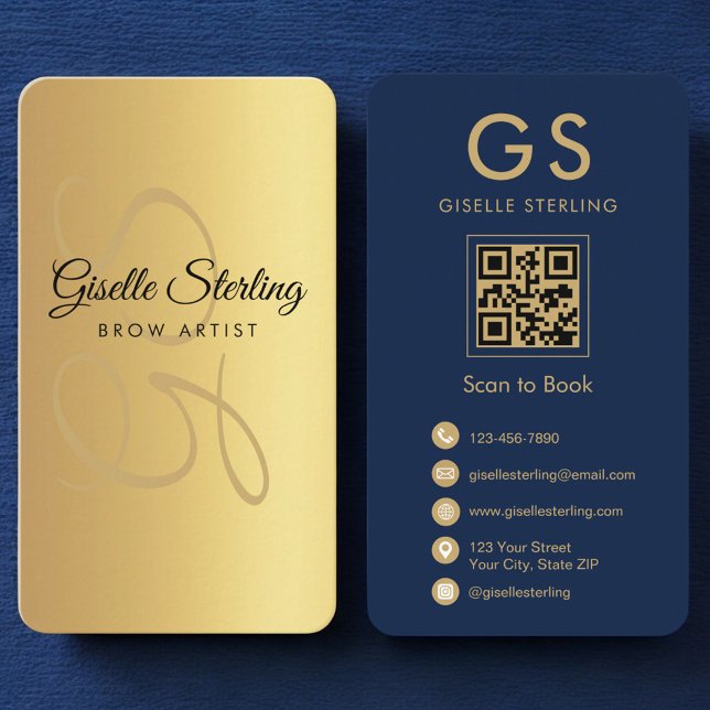 Carte De Visite Brow Artiste Gold Marine Blue QR Code Monogramme (Créateur téléchargé)
