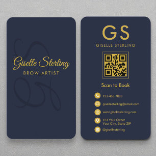 Carte De Visite Brow Artiste Monogram Marine Blue Gold QR Code