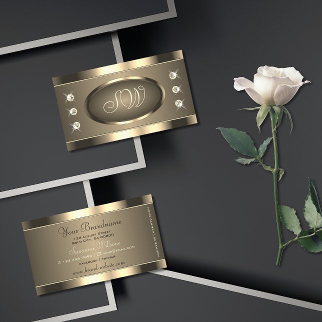 Carte De Visite Brown d'or luxueux avec strass Stones & Initiales (Créateur téléchargé)