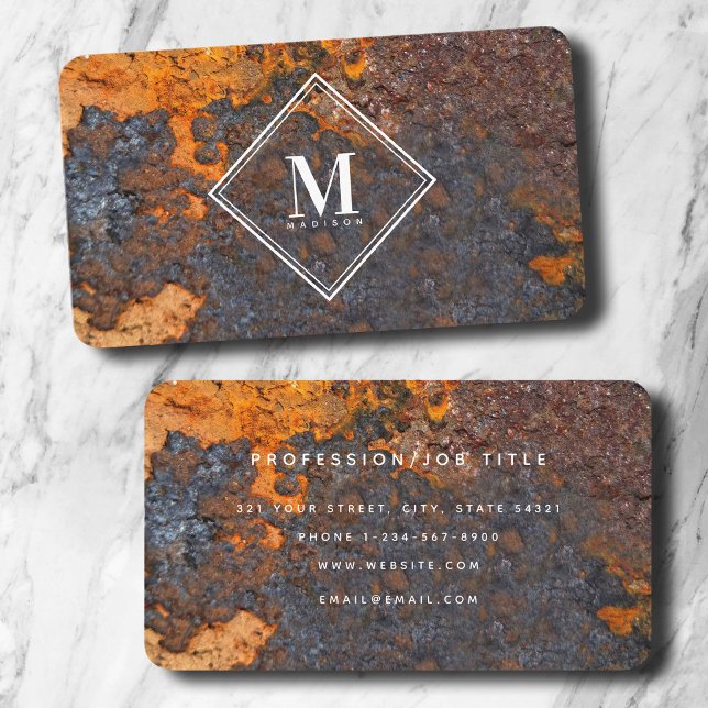 Carte De Visite Brown rouille texture métallique Monogramme initia (Brown Rust Metallic Texture Monogram Initial Business Card)