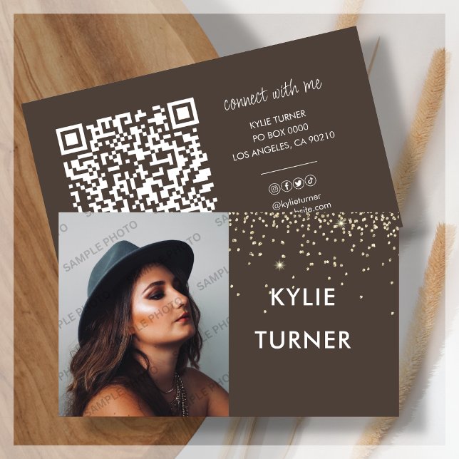 Carte De Visite Brun | Parties scintillant or | Photo | Code QR |  (Créateur téléchargé)