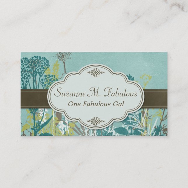 Carte De Visite Brun turquoise de fleurs barré avec l'étiquette (Devant)