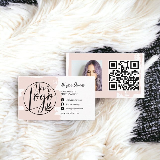Carte De Visite Brush rose brosse cheveux maquillage photo logo qr (Blush pink brush hair makeup photo logo qr code business card)