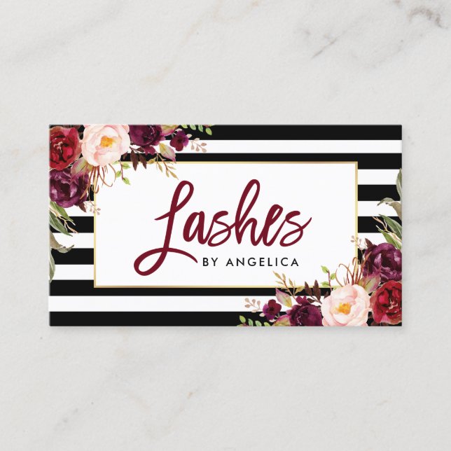Carte De Visite Brush Script Floral Bourgogne Lashes (Devant)