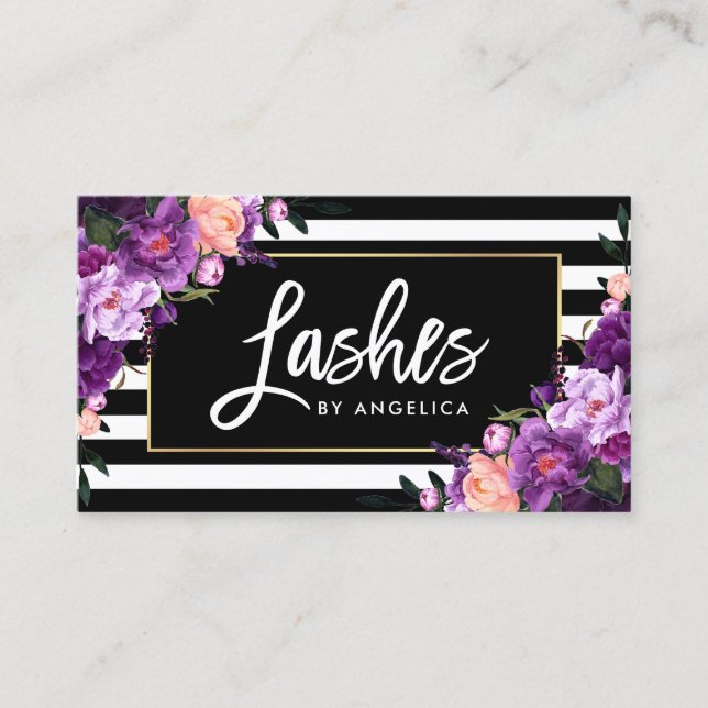 Carte De Visite Brush Script Lashes Strié Purple Floral (Devant)