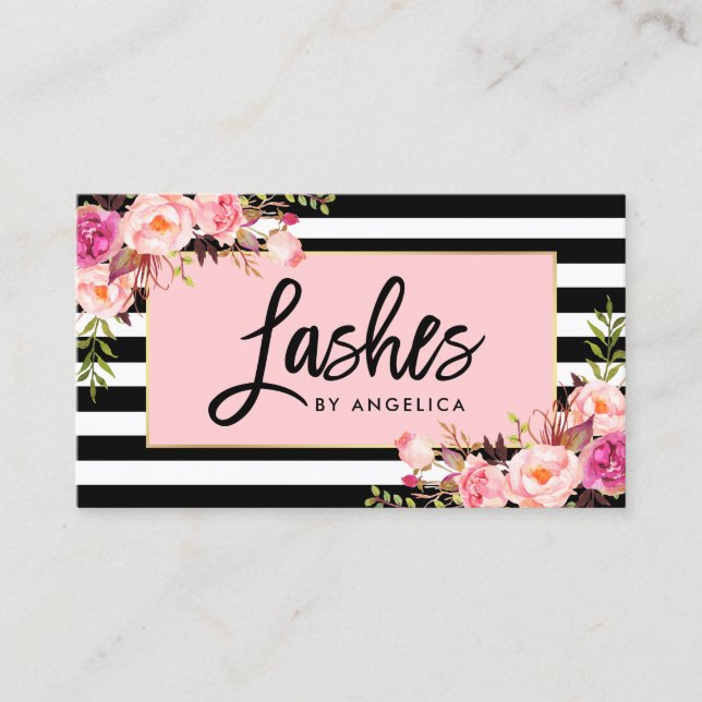 Carte De Visite Brush Script Pink Blush Floral Lashes (Devant)