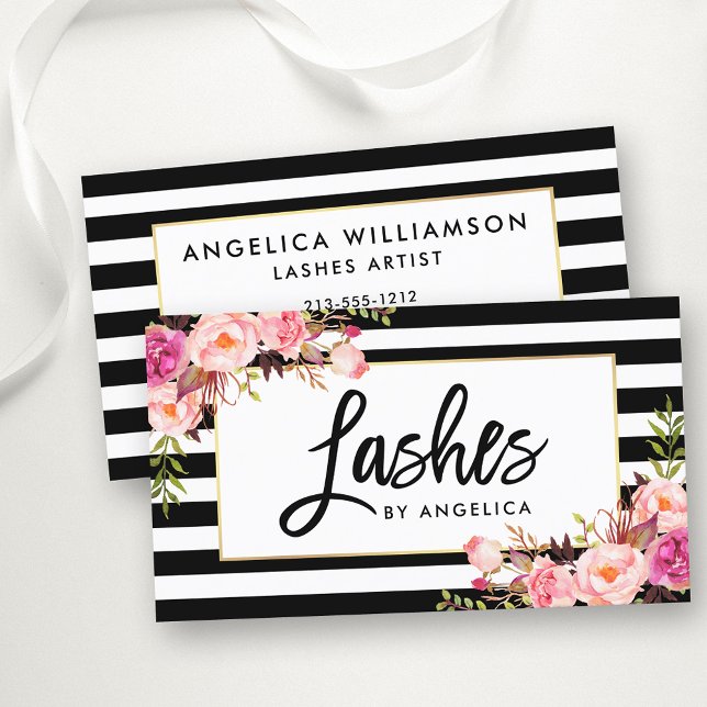 Carte De Visite Brush Script Rose Floral Lashes (Customize to change your personalized text size, color or text style.)