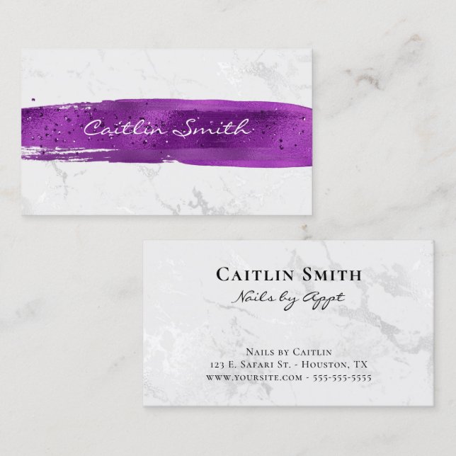 Carte De Visite Brush violet Stroke Silver White Foil Marbre (Devant / Derrière)