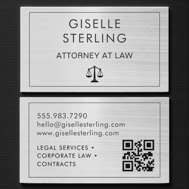 Carte De Visite Brushed Metal Lawyer Attorney at Law QR Code  (Créateur téléchargé)