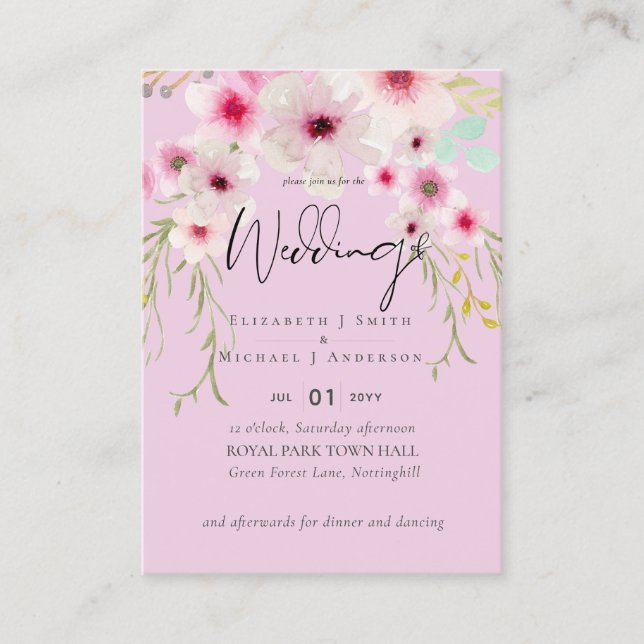 Carte De Visite Budget du script de Mariage floral rose vif (Devant)