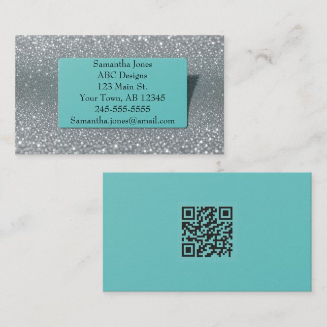 Carte De Visite Budget Turquoise & Parties scintillant argent Code (Devant / Derrière)