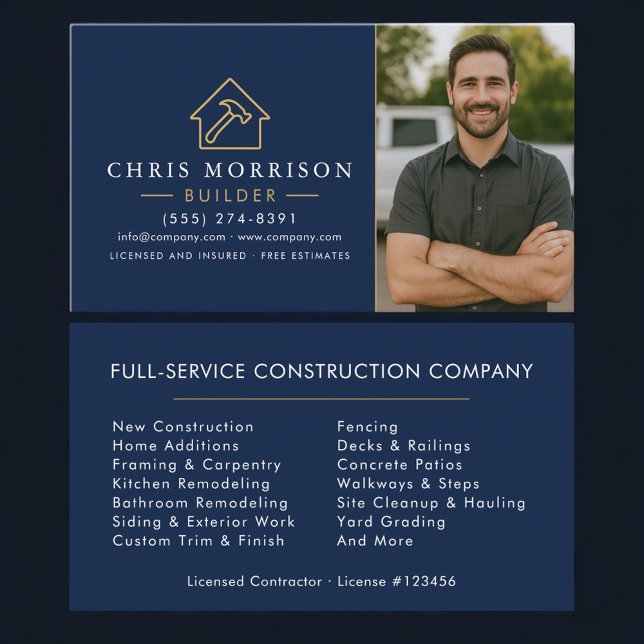 Carte De Visite Builder Navy Blue Gold Photo Construction  (Créateur téléchargé)