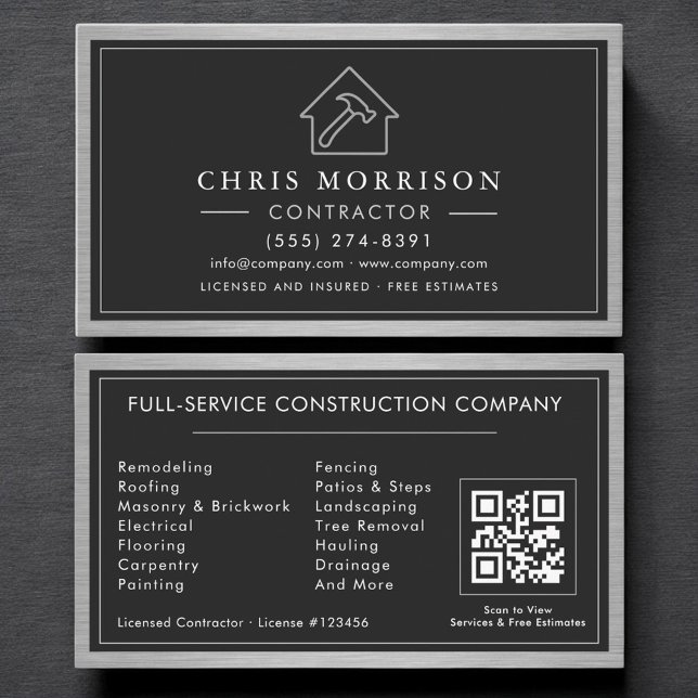 Carte De Visite Building Construction Black Silver Metal QR Code (Créateur téléchargé)