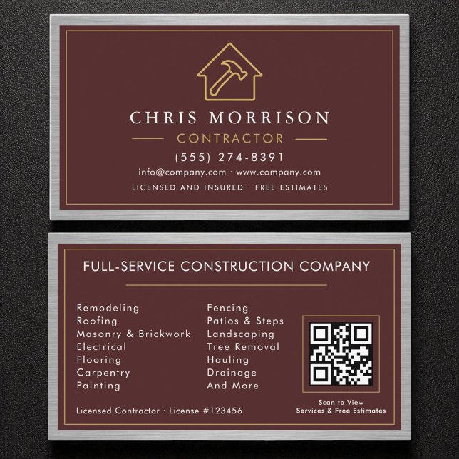 Carte De Visite Building Construction Burgundy Faux Metal QR Code (Créateur téléchargé)