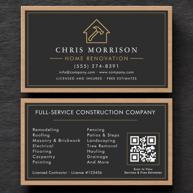 Carte De Visite Building Construction Home Renovation Wood QR Code (Créateur téléchargé)