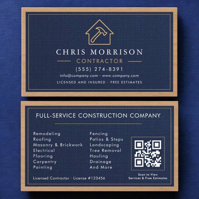 Carte De Visite Building Construction Linen Navy Blue Gold Wood (Créateur téléchargé)