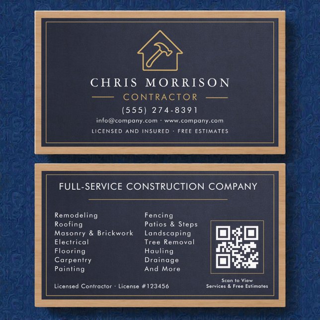 Carte De Visite Building Construction Stone Navy Blue Gold Wood (Créateur téléchargé)