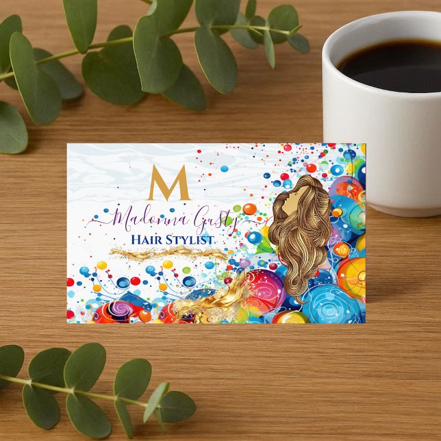 Carte De Visite Bulles d'art abstrait Monogramme doré Coiffeur  (Abstract Art Bubbles Golden Monogram Hair Stylist Business Card)