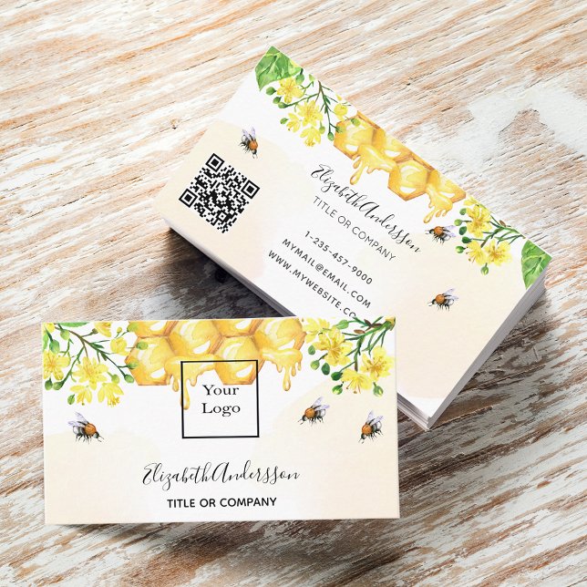 Carte De Visite Bumble abeilles miel fleuri jaune code qr logo (Créateur téléchargé)