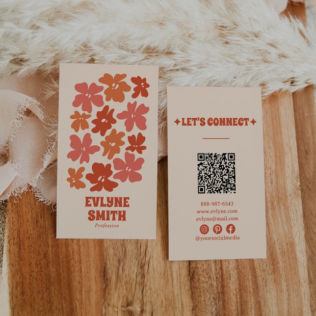 Carte De Visite Burange QR Code Super Floral Terracotta Boho (Créateur téléchargé)