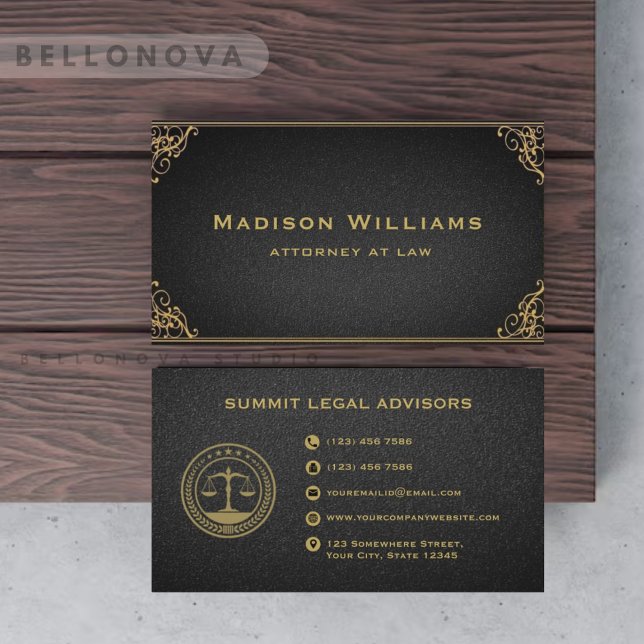 Carte De Visite Bureau de la loi sur le monogramme noir or personn (Custom Gold Black Grey Monogram Law Office Business Card)