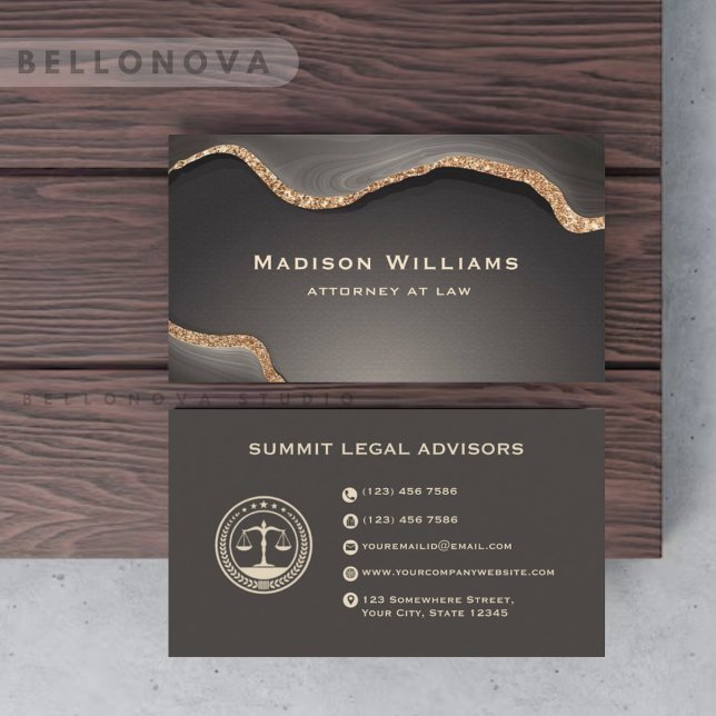 Carte De Visite Bureau du droit des Monogrammes en marbre gris-noi (Custom Gold Black Grey Marble Monogram Law Office Business Card)