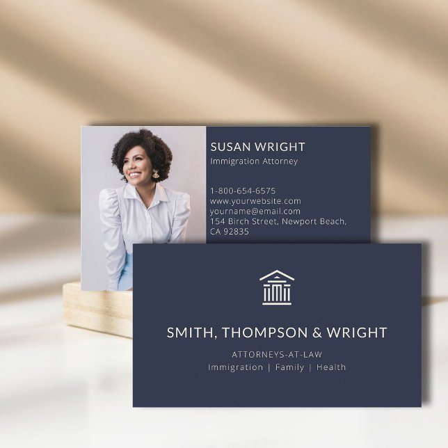 Carte De Visite Bureau du droit moderne Avocat juridique Photo Mar (law lawyer attorney paralegal professional business card logo social media classic navy year elegant)